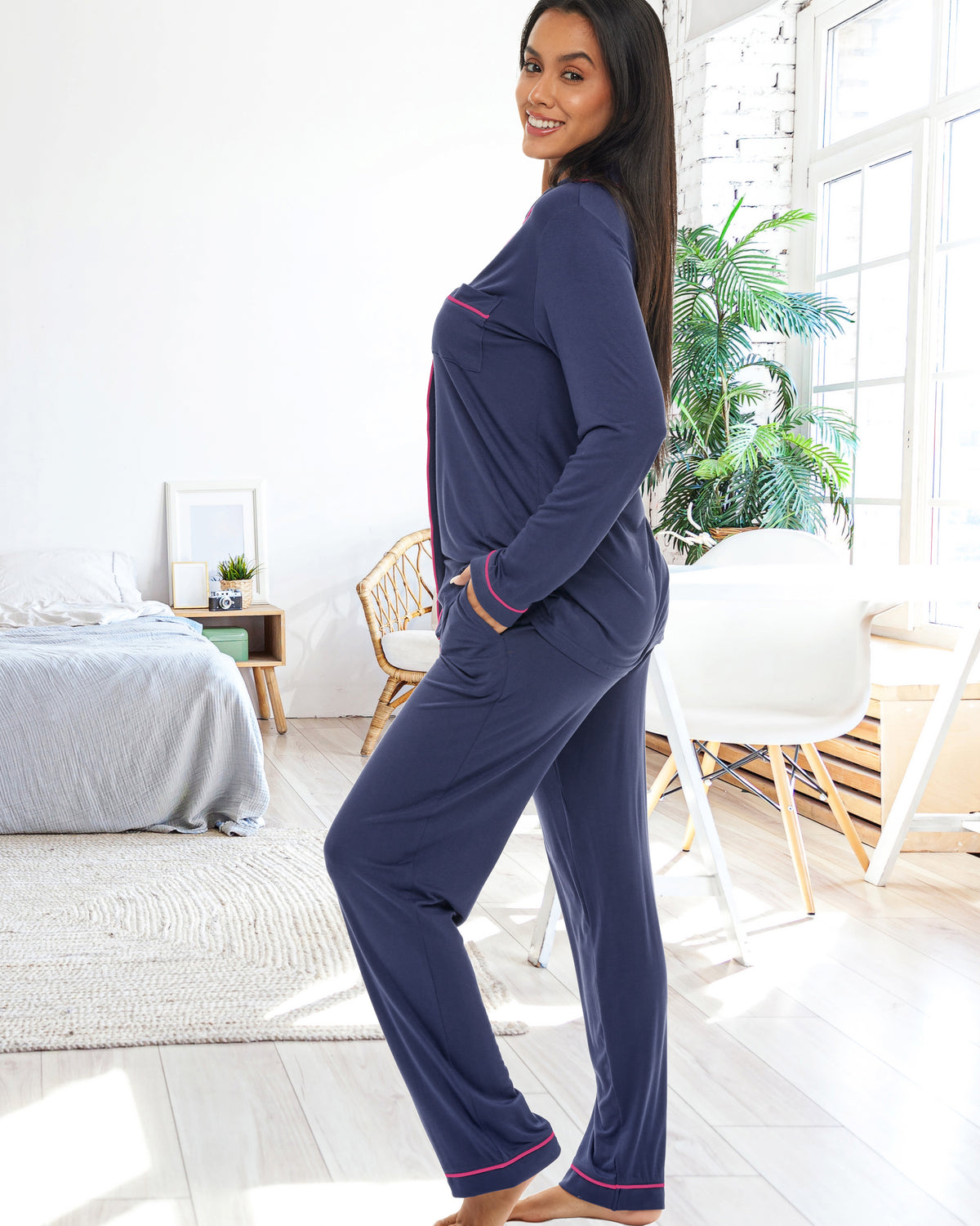 Midnight Blue Classic Cotton Knit Pajamas Set with Pockets, Lightweight Long Sleeve PJ Set