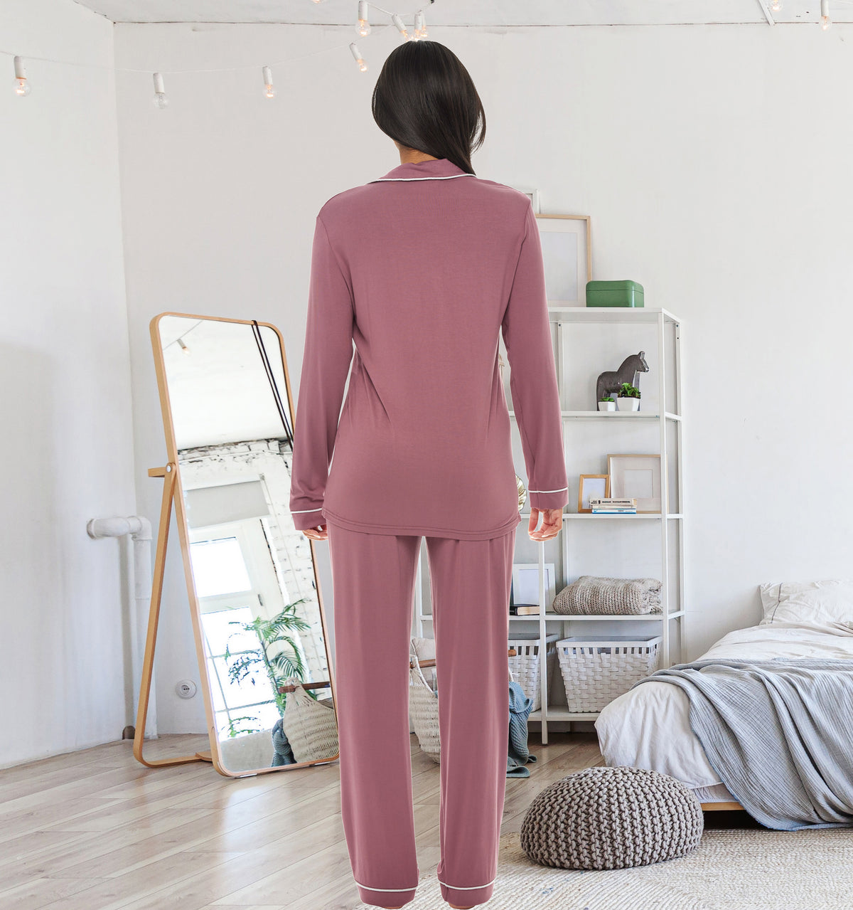 Rose Taupe Classic Cotton Knit Pajamas Set with Pockets, Lightweight Long Sleeve PJ Set