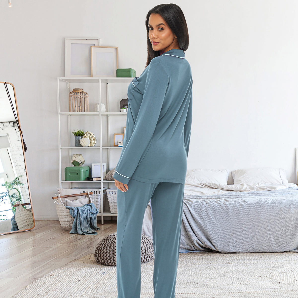 Shadow Blue Classic Cotton Knit Pajamas Set with Pockets, Lightweight Long Sleeve PJ Set
