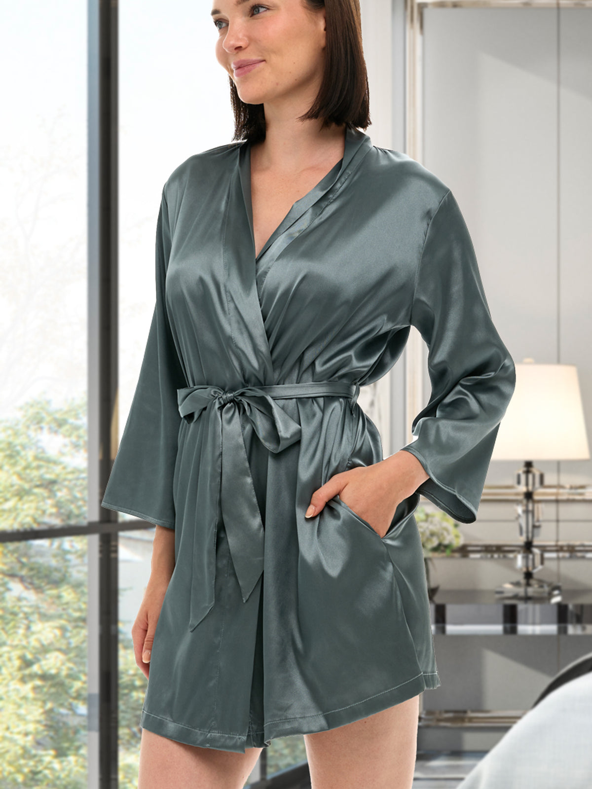 Women's Twilight Satin Robe with Pockets, Belt Loops, Short, Above the Knee Length