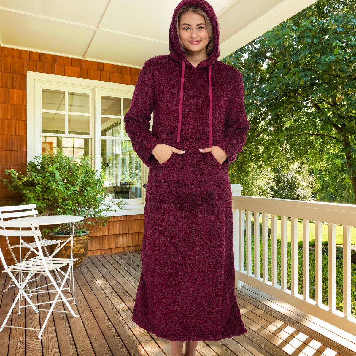 Women's Heathered Burgundy Plush Sweatshirt Robe with Pockets, Long Hooded Fleece Duster Kaftan