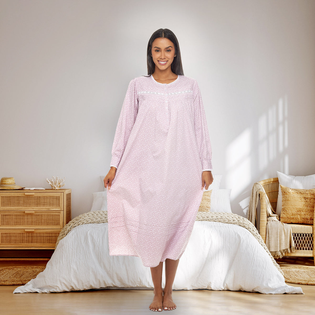 Women's White Floral on Mauve Cotton Victorian Nightgown with Pockets, Emily Long Sleeve Lace Trimmed Button Up Long Night Dress