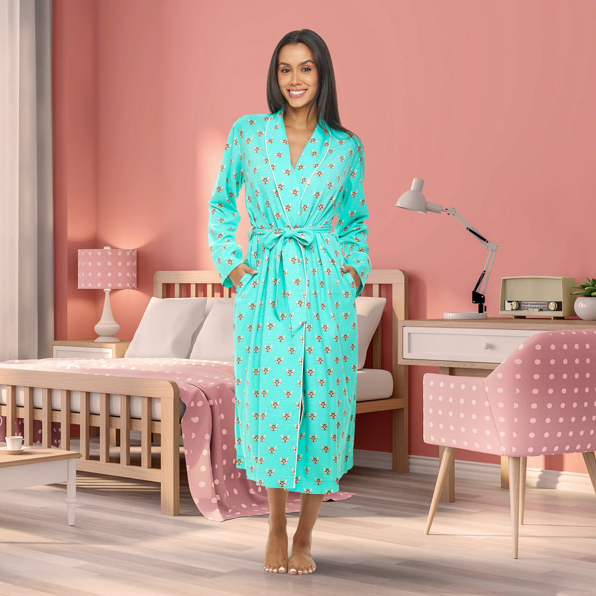 Womens Aqua Cats Long Knit Robe with Pockets