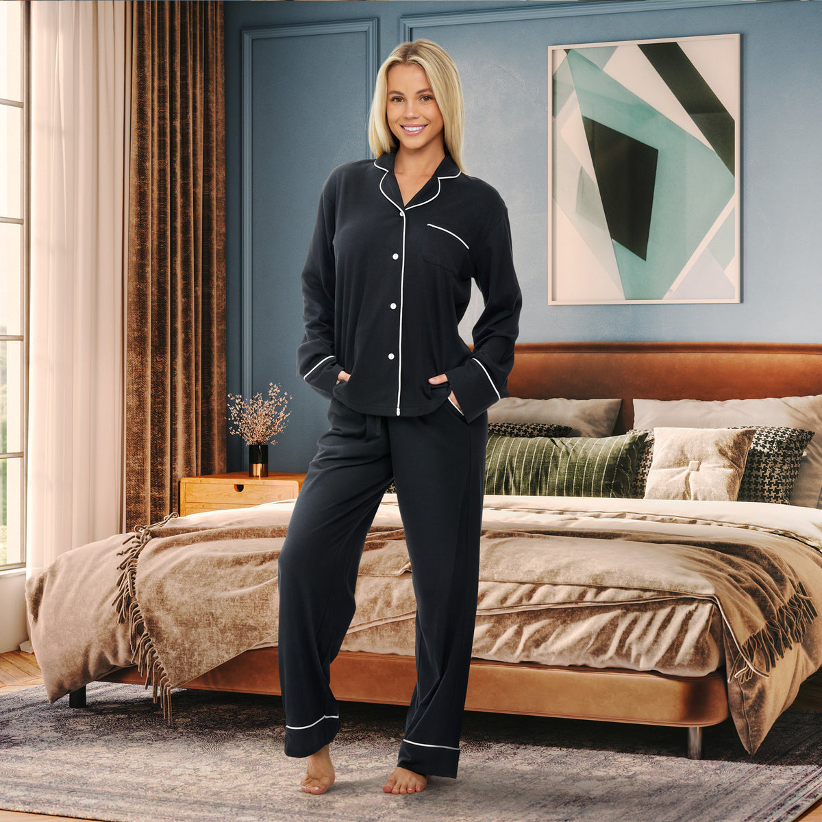 Womens Black Long Sleeve Knit Pajamas