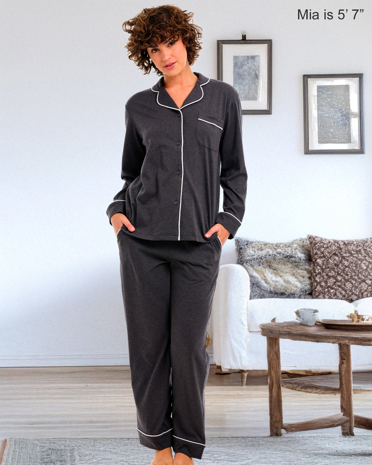 Womens Dark Heathered Gray Long Sleeve Knit Pajamas