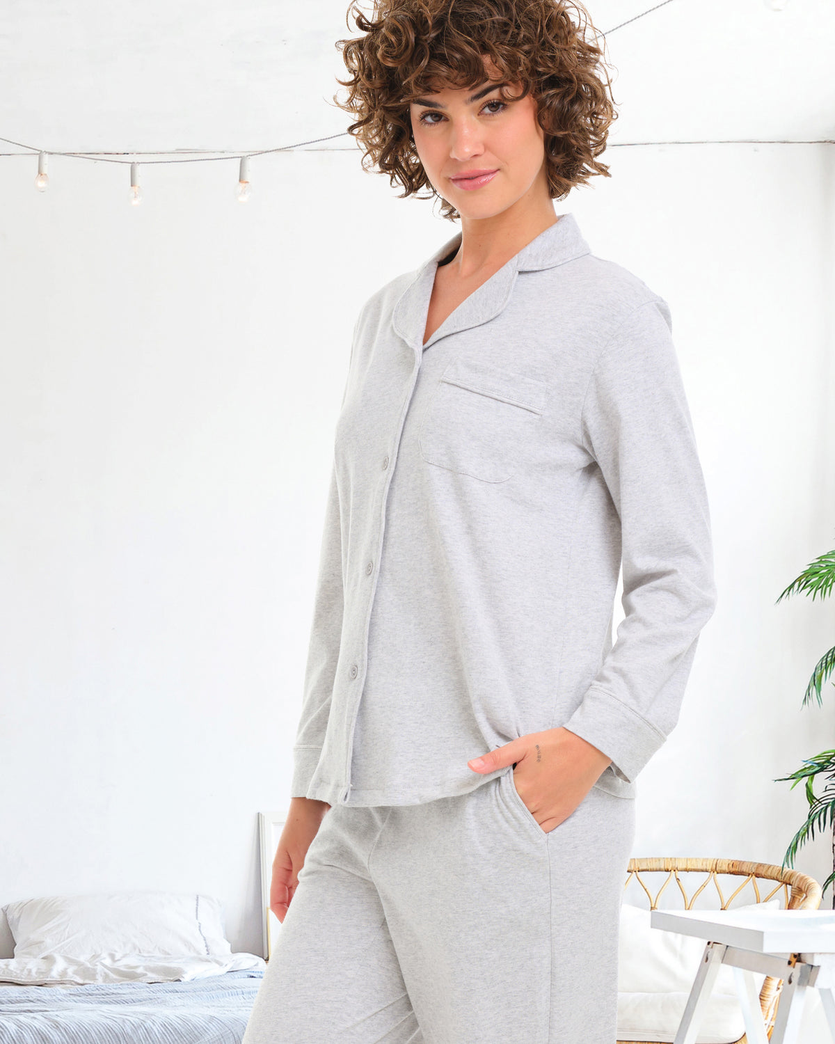 Womens Light Heathered Gray Long Sleeve Knit Pajamas