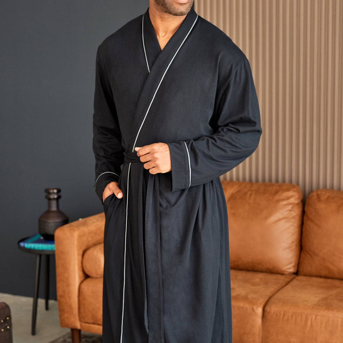 Mens Black - 5 ft 5 in & Taller Long Knit Lounge Robe with Pockets