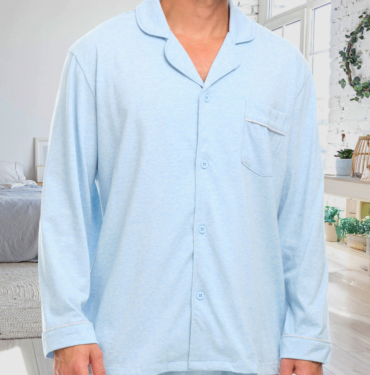 Mens Light Heathered Blue - 5 ft 5 in & Taller Classic Knit Pajamas Set