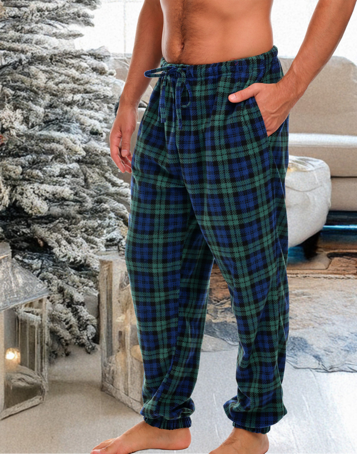 Black Watch Tartan Plaid Polar Fleece Pajama Pants for Men, Joggers, Sweatpants, PJ Bottoms