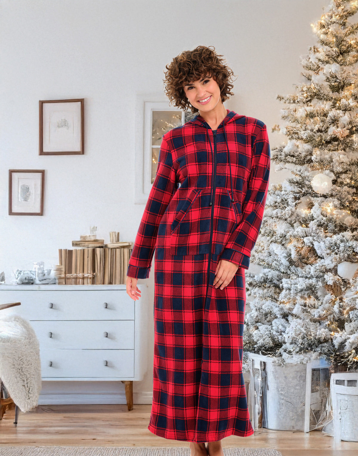 Red and Navy Plaid Fleece Nightgown for Women – Full Length with Zipper & Hood