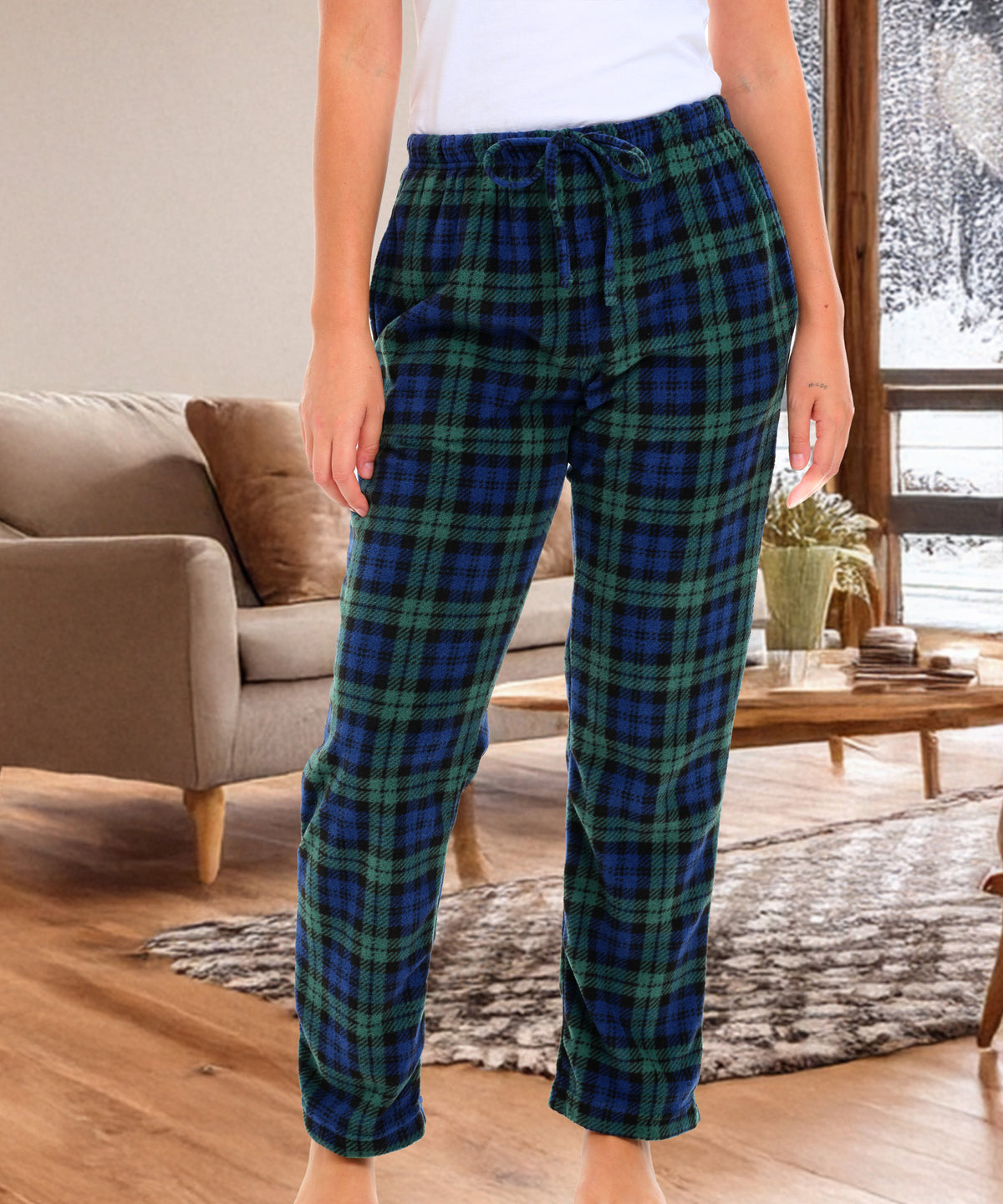 Women's Black Watch Tartan Plaid Soft Polar Fleece Pajama Pants, Sweatpants, Warm Pj Bottoms