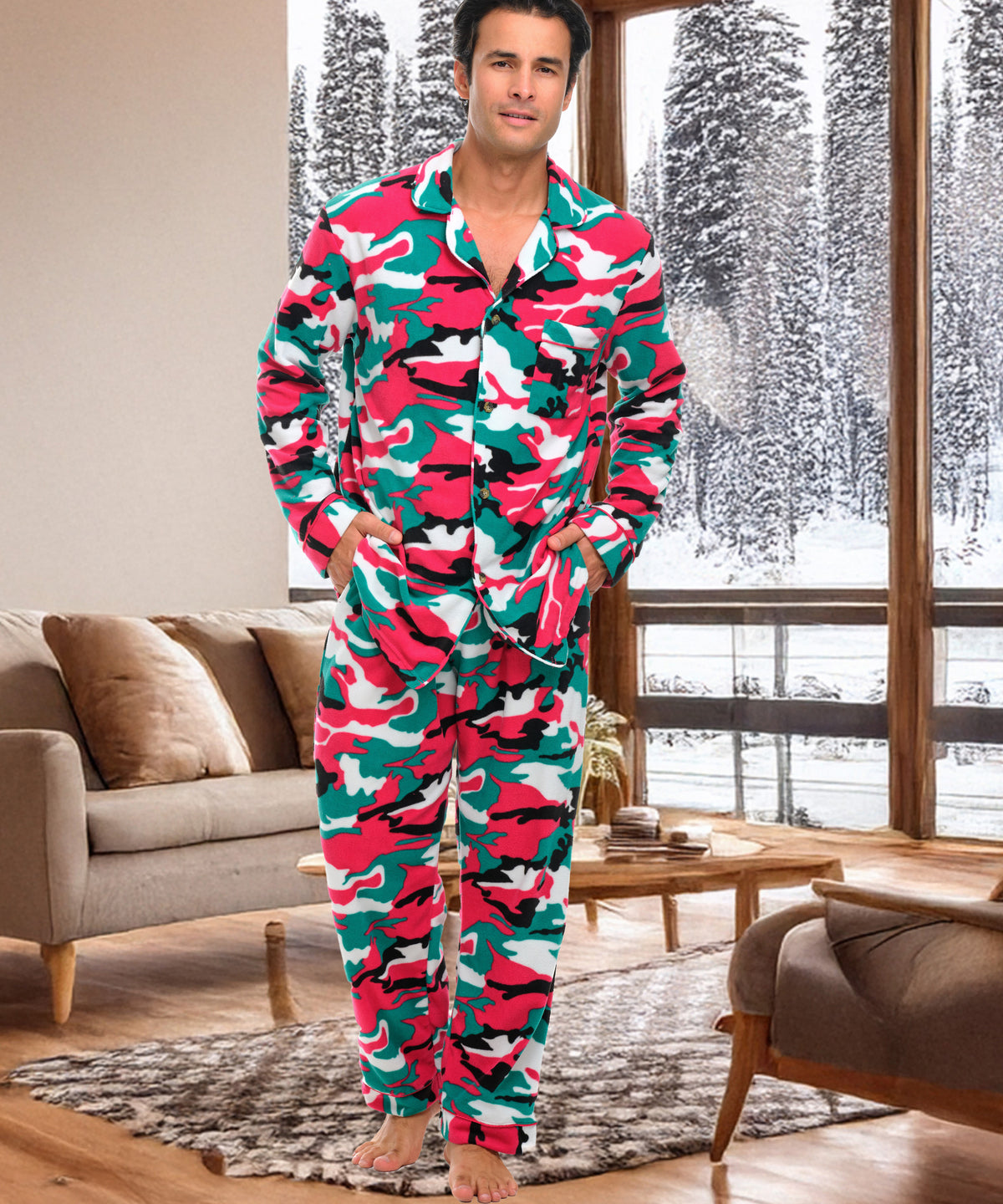 Christmas Camouflage Lightweight Fleece Pajamas for Men, Long Sleeve Button Up PJ Set with Pockets
