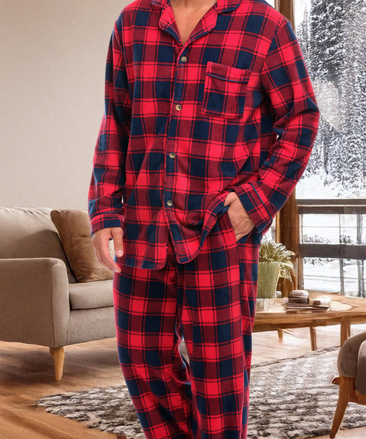 Red and Navy Plaid Lightweight Fleece Pajamas for Men, Long Sleeve Button Up PJ Set with Pockets