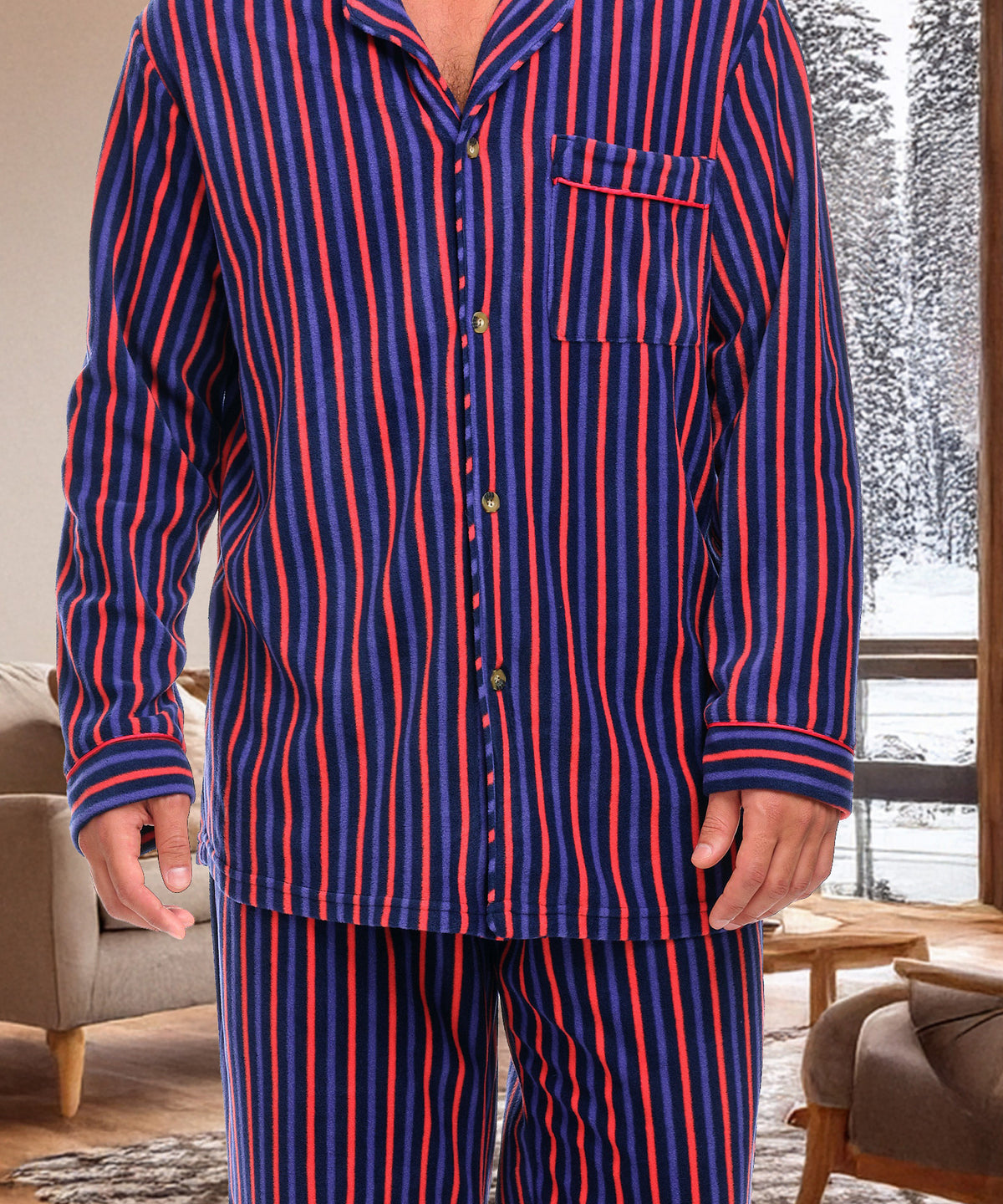 Cranberry Navy Stripe Lightweight Fleece Pajamas for Men, Long Sleeve Button Up PJ Set with Pockets