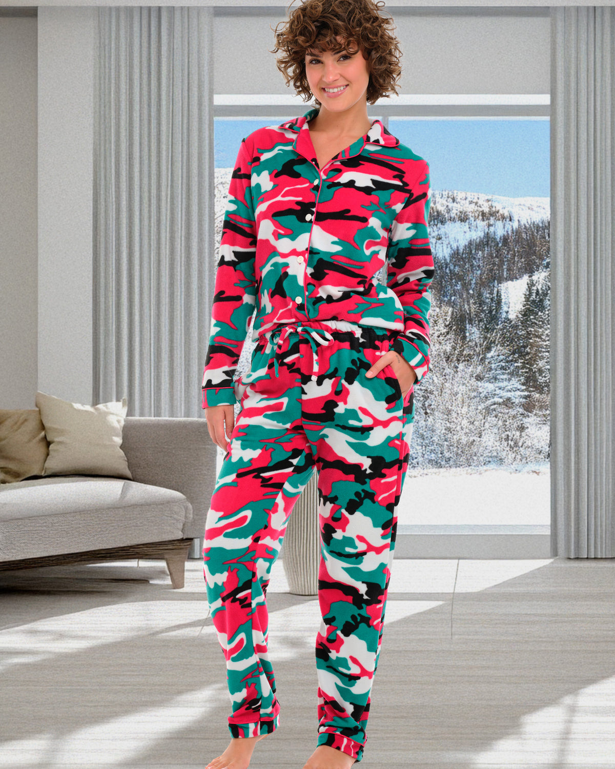 Christmas Camouflage Lightweight Fleece Pajamas for Women, Long Sleeve Button Up PJ Set with Pockets