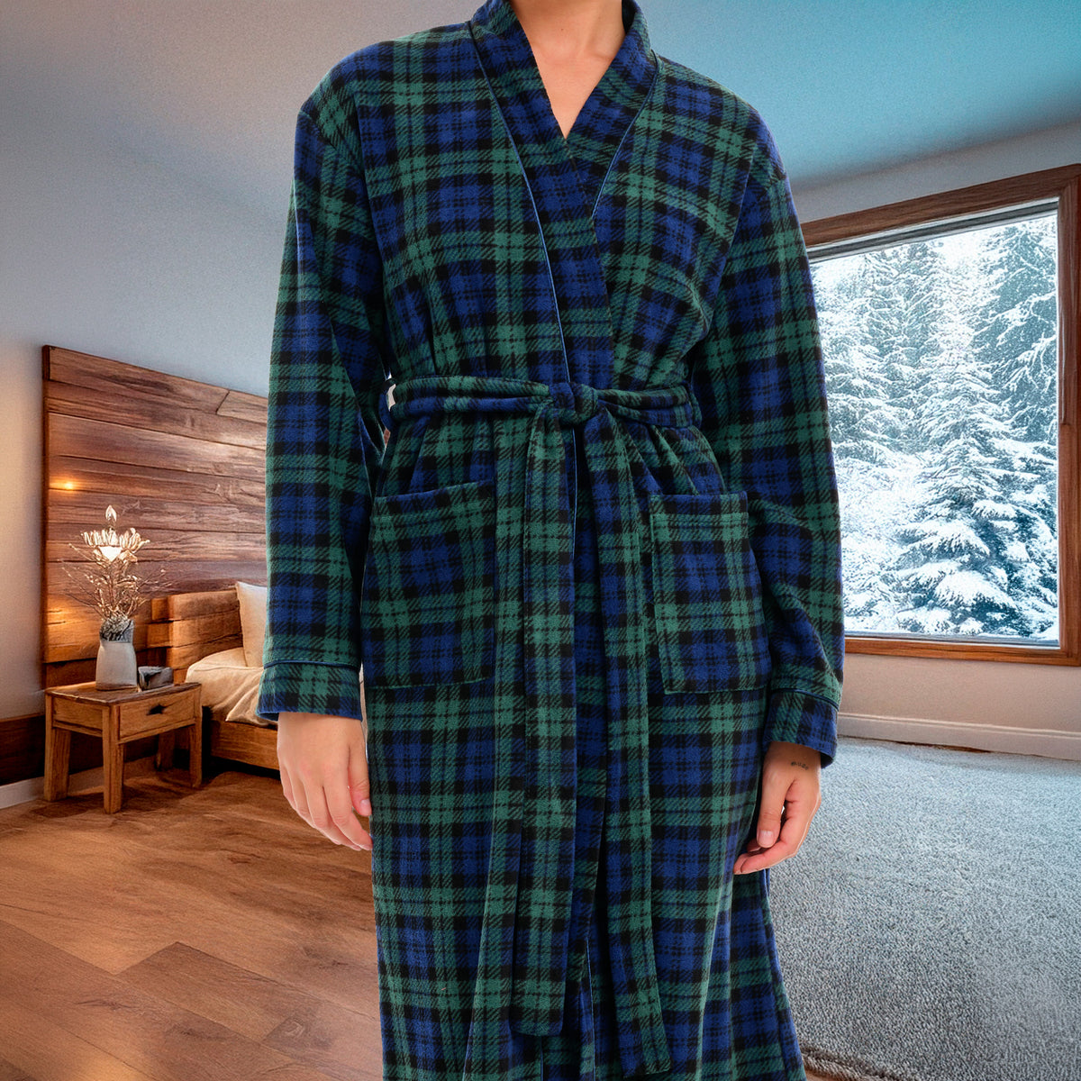Women's Black Watch Tartan Plaid Lightweight Fleece Robe – Long Sleeve, Calf Length with Pockets