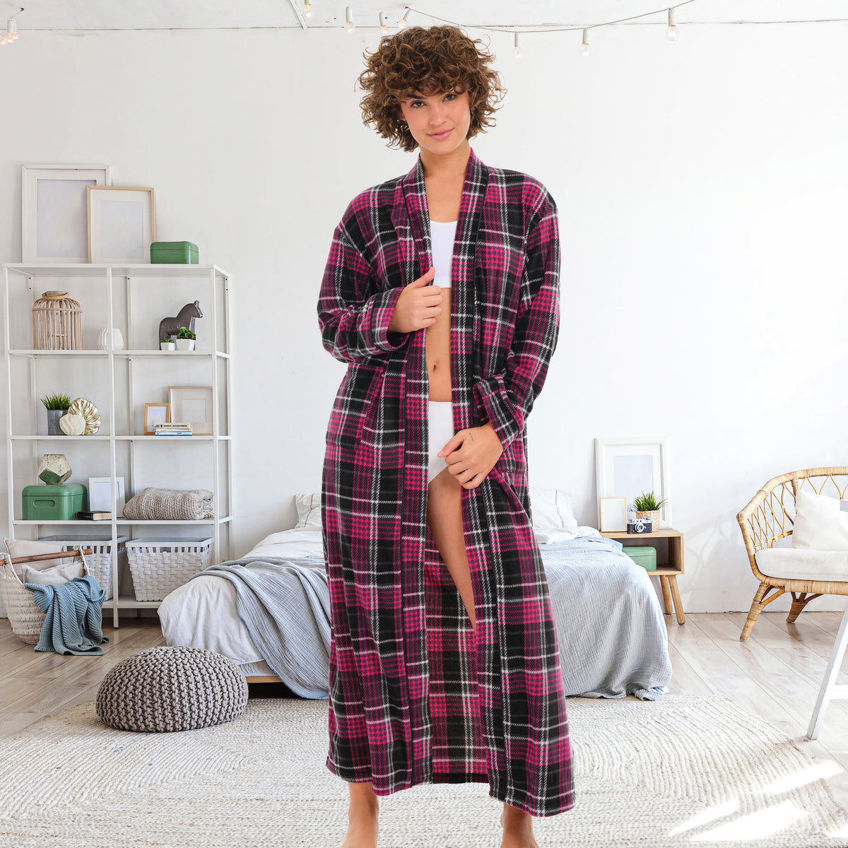 Women's Shadow Rose Plaid Lightweight Fleece Robe – Long Sleeve, Calf Length with Pockets