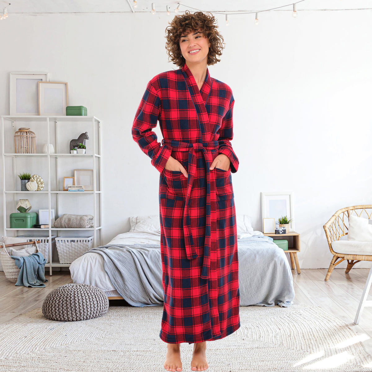 Women's Red and Navy Plaid Lightweight Fleece Robe – Long Sleeve, Calf Length with Pockets