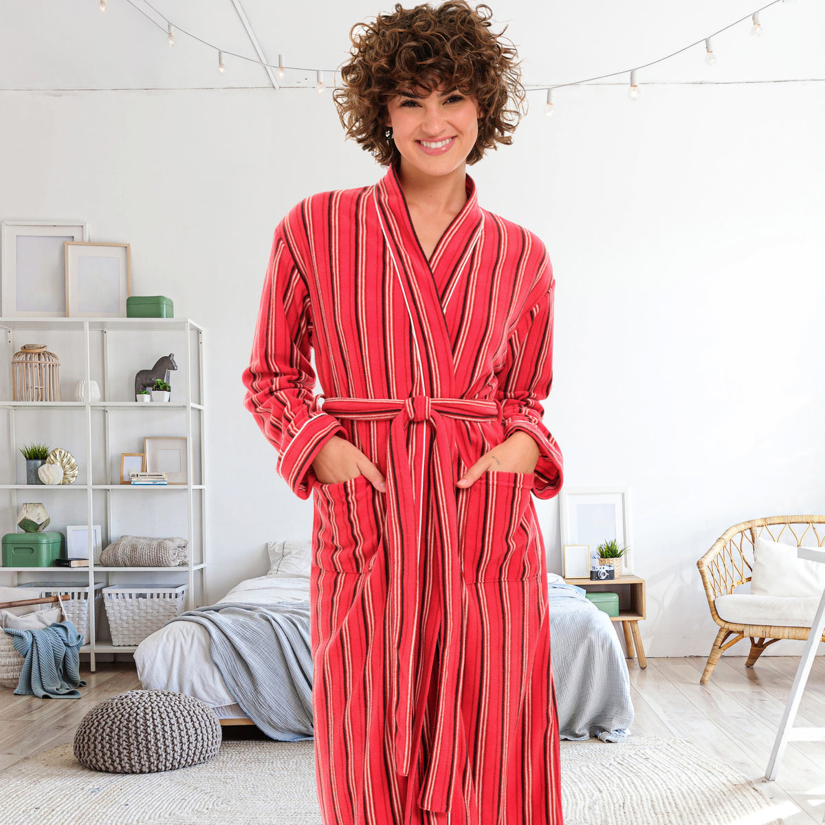 Women's Cabin Stripe Lightweight Fleece Robe – Long Sleeve, Calf Length with Pockets