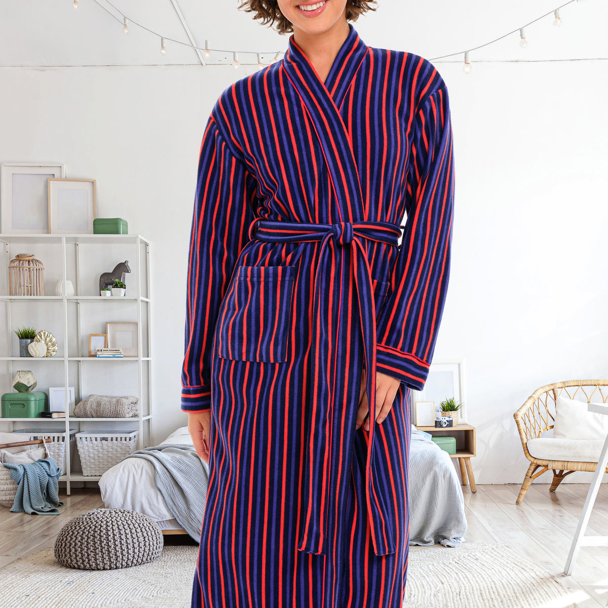 Women's Cranberry Navy Stripe Lightweight Fleece Robe – Long Sleeve, Calf Length with Pockets