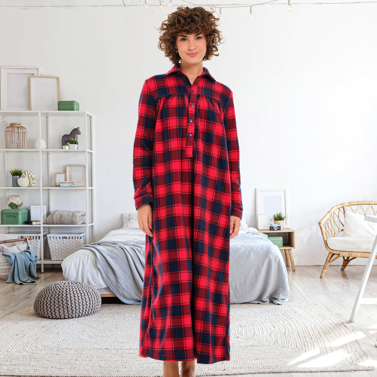 Women's Red and Navy Plaid Polar Fleece Nightgown, Long Button Up Sleep Shirt