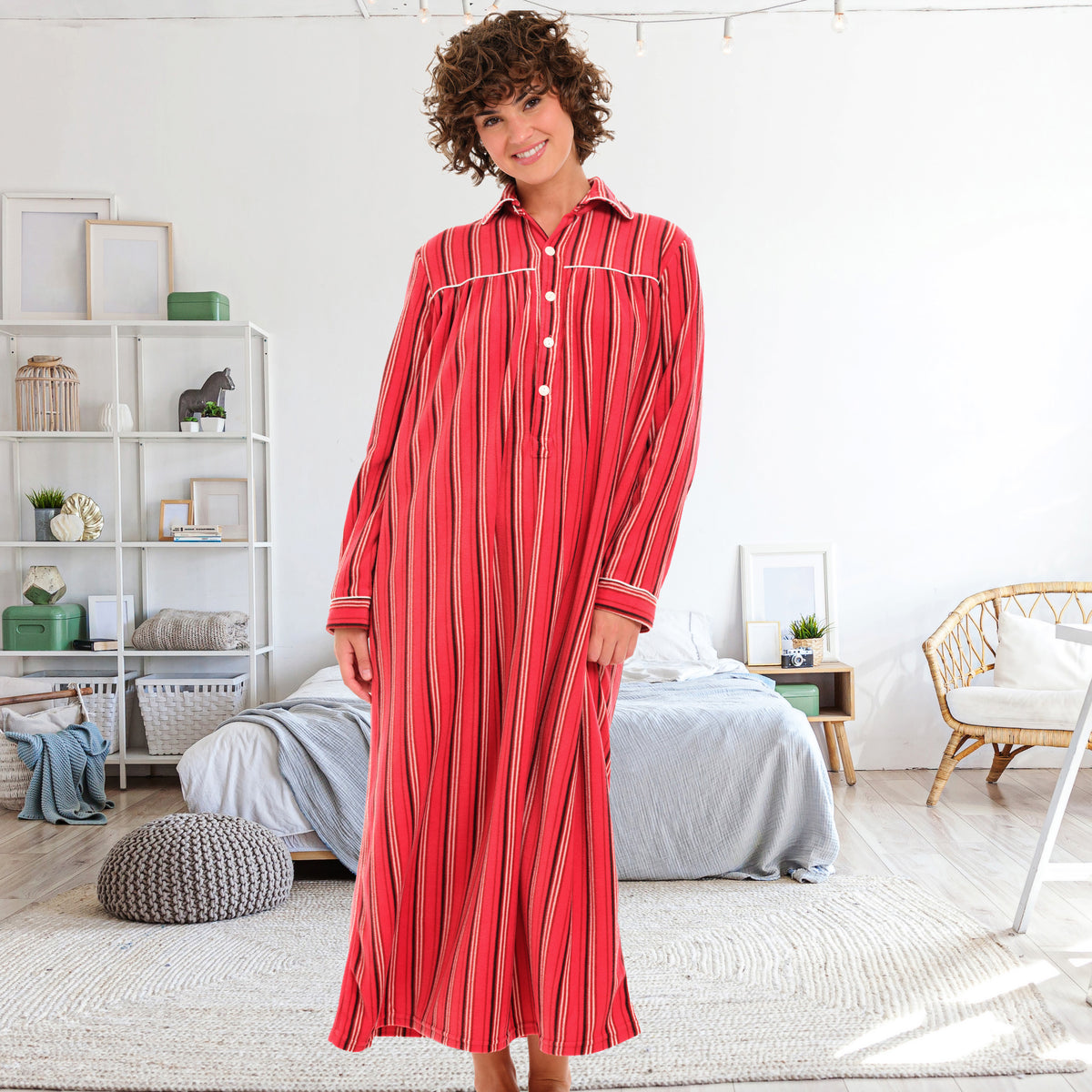 Women's Cabin Stripe Polar Fleece Nightgown, Long Button Up Sleep Shirt