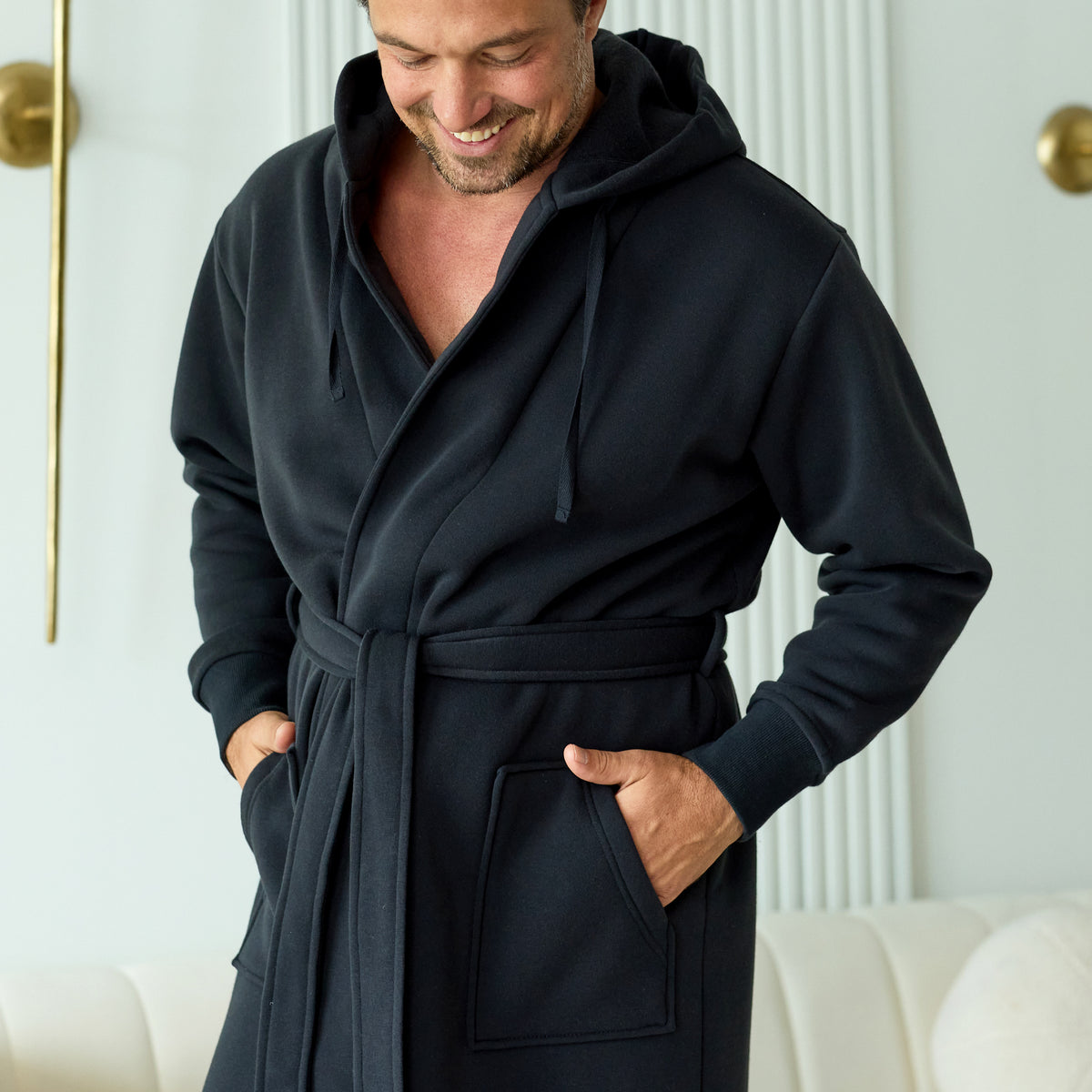 Men's Black Classic Hooded Sweatshirt Robe, Winter Bathrobe - Black - lifestyle