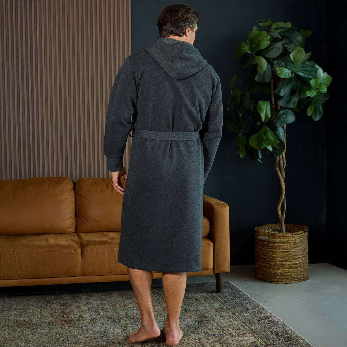 Men's Dark Heathered Gray Classic Hooded Sweatshirt Robe, Winter Bathrobe - Dark Heathered Gray - lifestyle