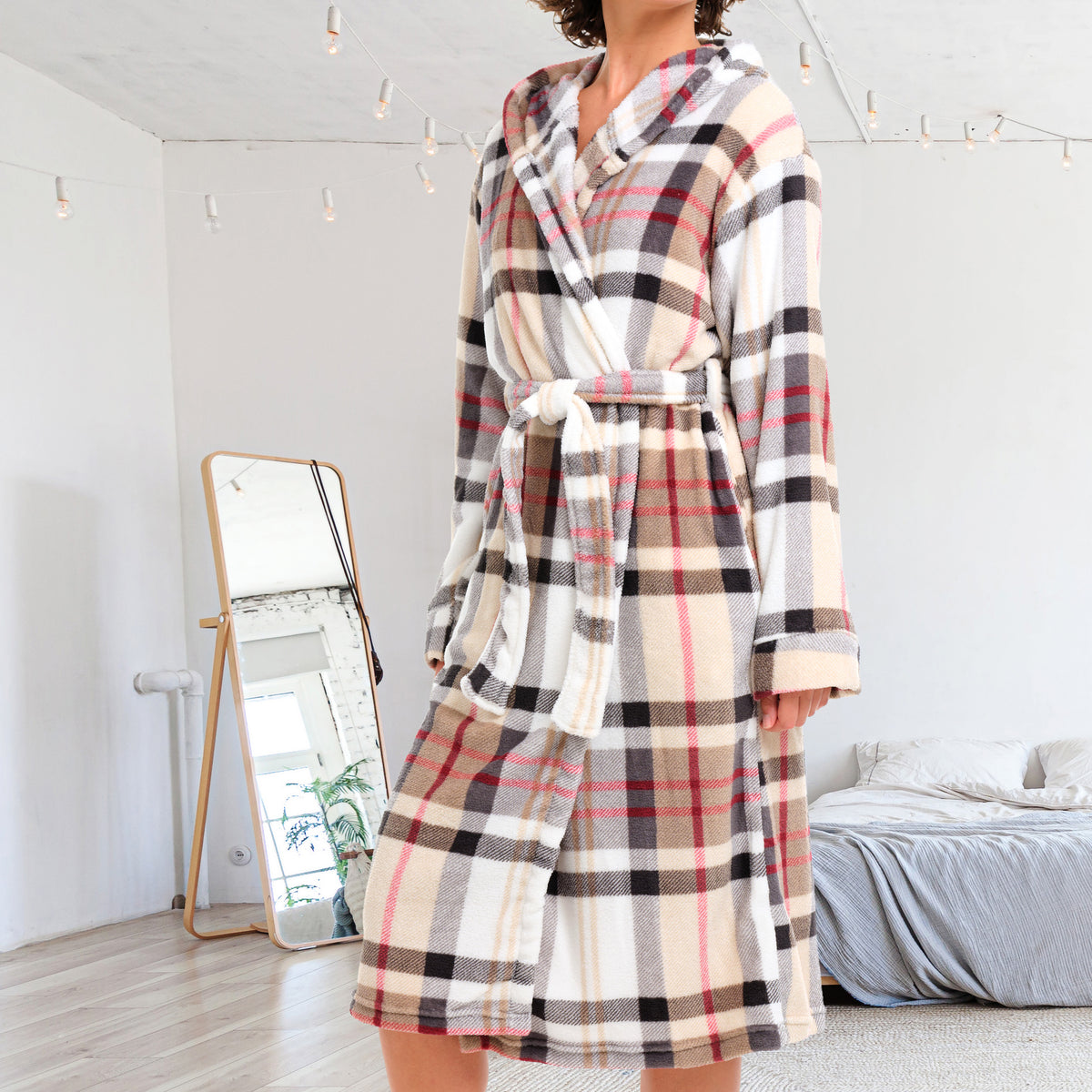 Women's Designer Plaid Plush Fleece Robe with Hood, Lightweight Hooded Bathrobe with Pockets - Designer Plaid - lifestyle