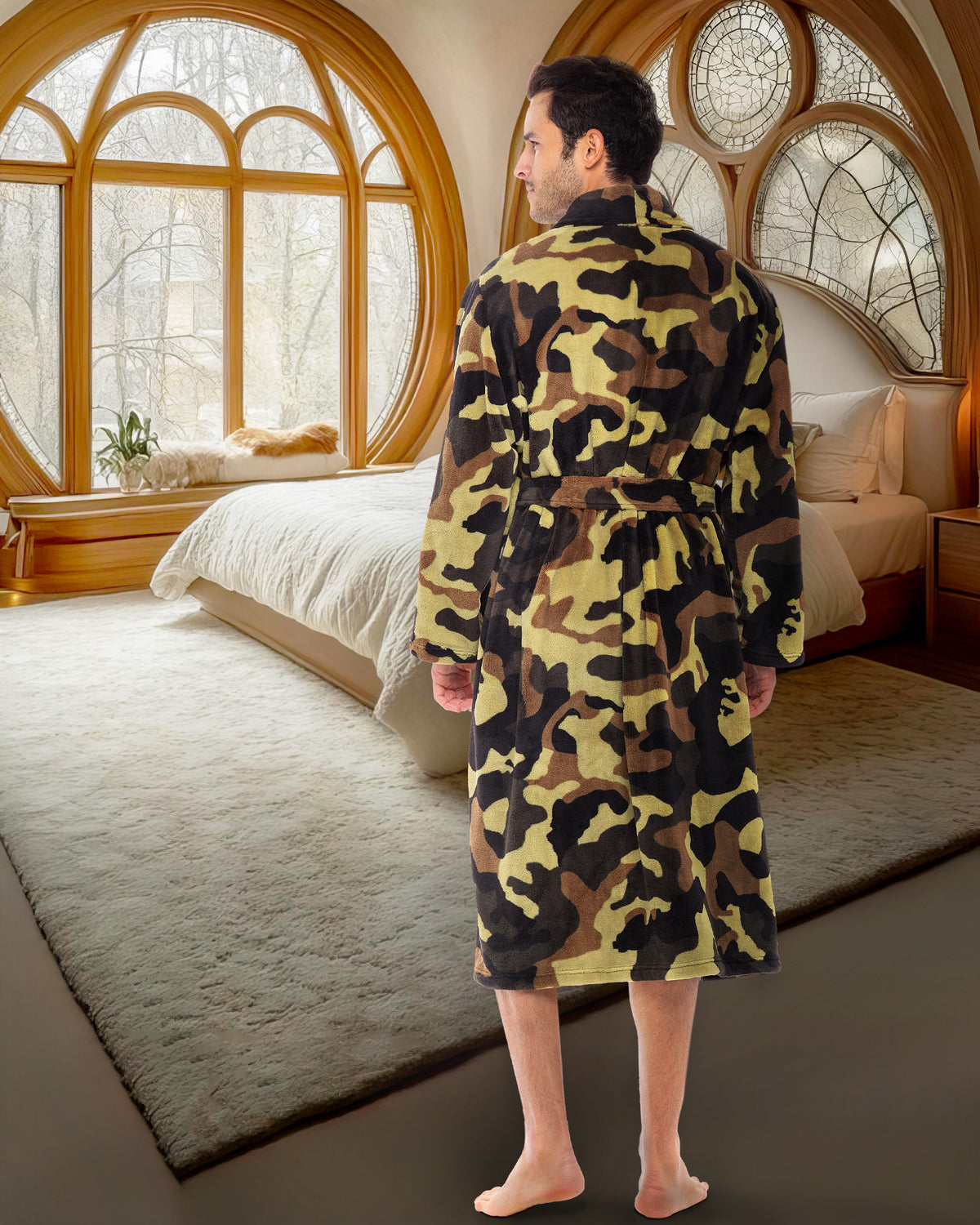 Men's Green Camouflage Classic Winter Robe, Plush Fleece Bathrobe