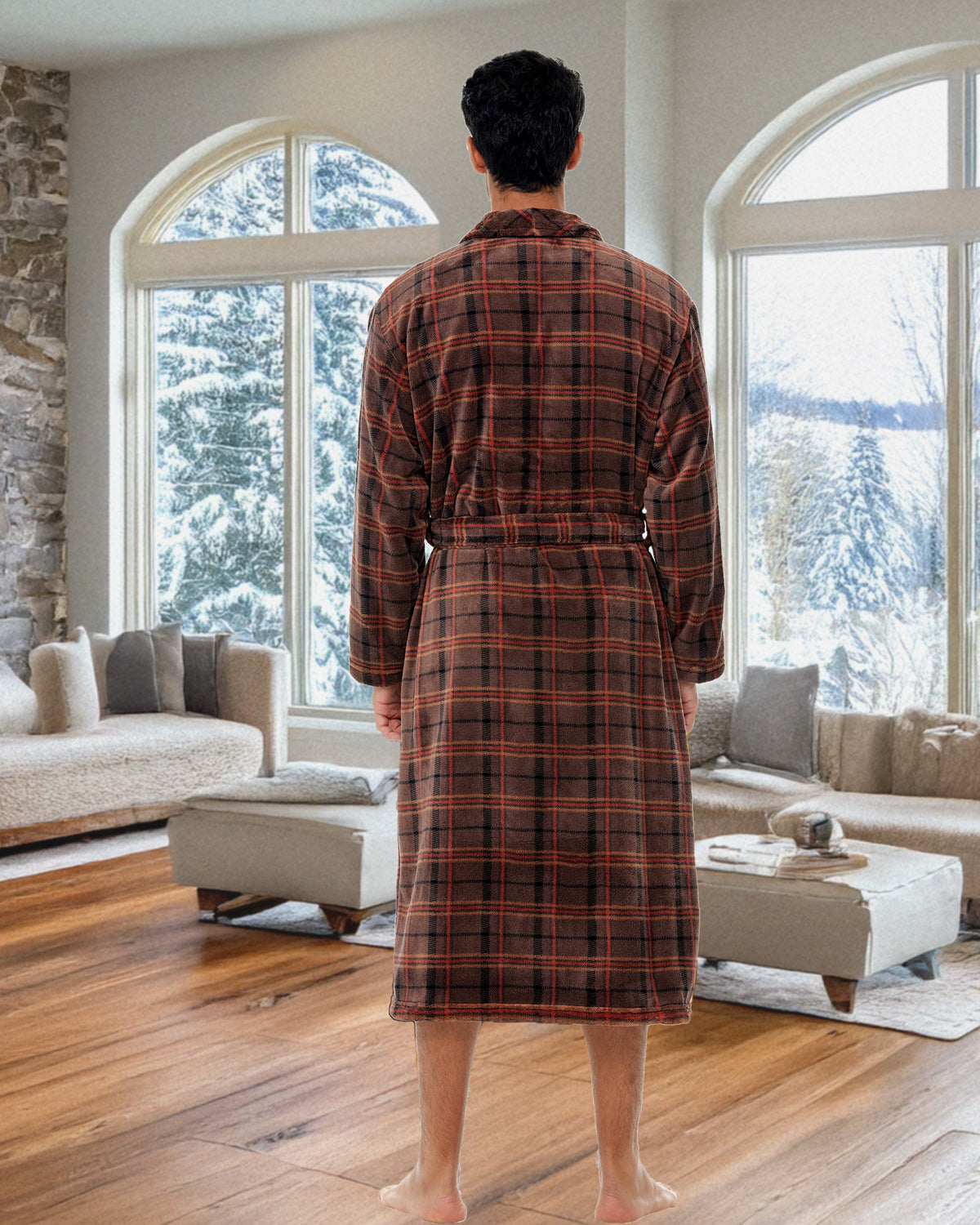 Men's Espresso Plaid Classic Winter Robe, Plush Fleece Bathrobe
