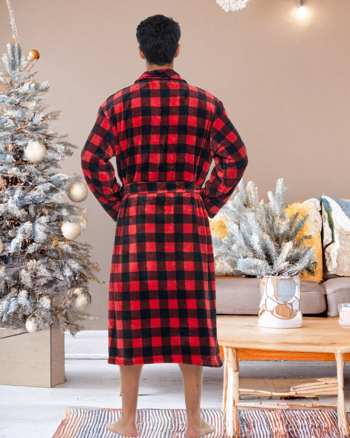 Men's Red Black Buffalo Check Plaid Classic Winter Robe, Plush Fleece Bathrobe