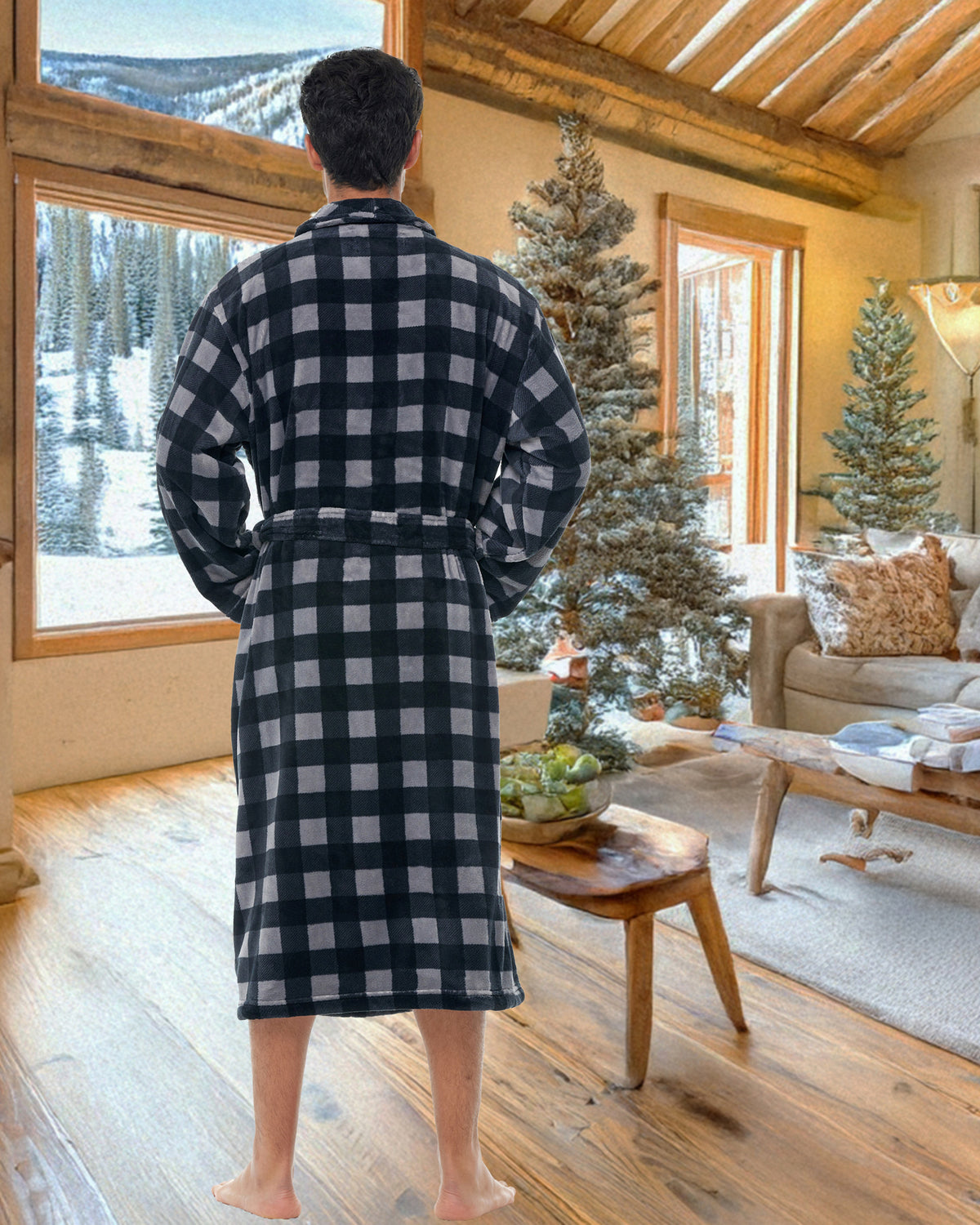 Men's Gray Buffalo Check Classic Winter Robe, Plush Fleece Bathrobe