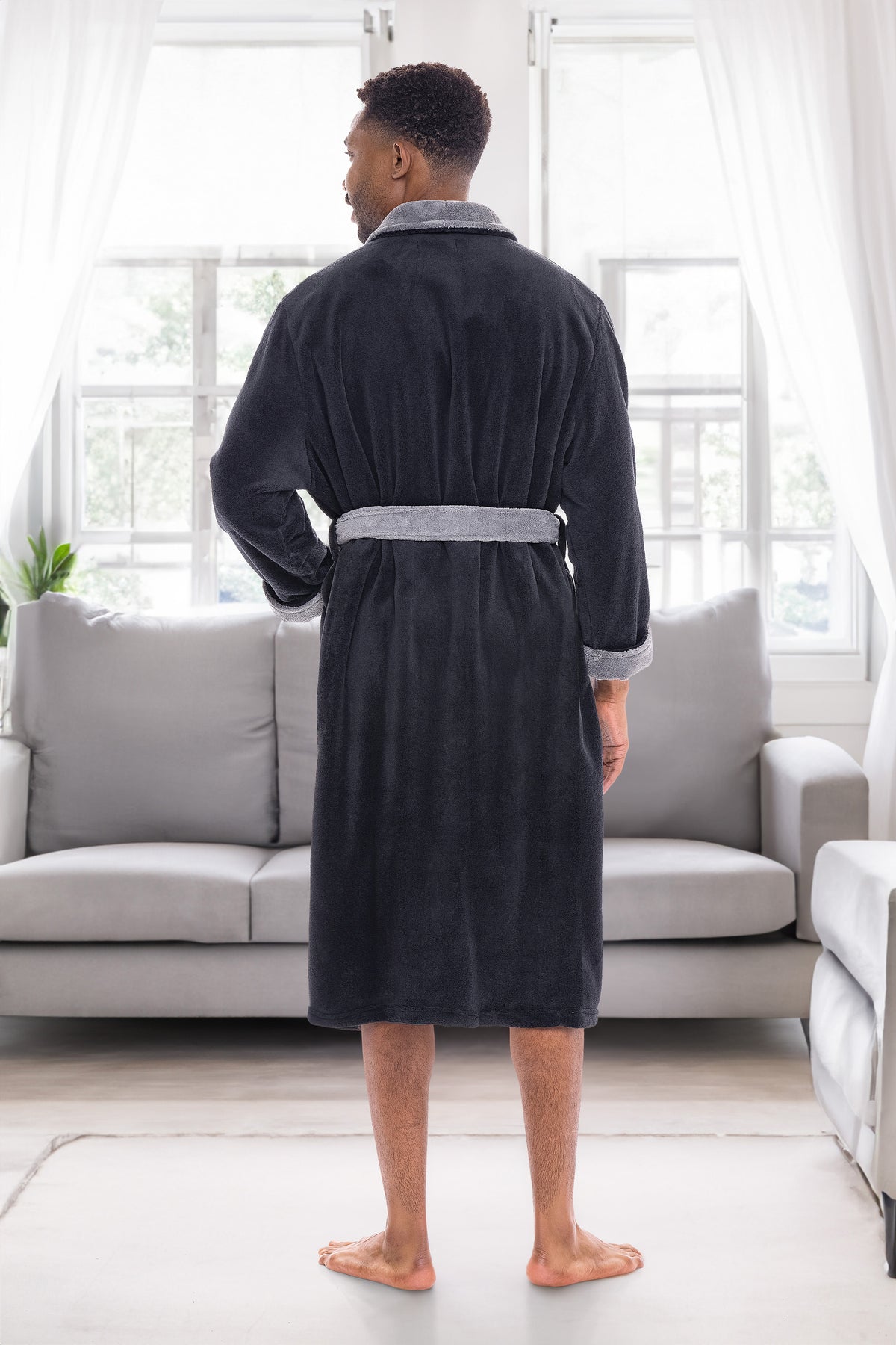 Men's Black with Gray Contrast Classic Winter Robe, Plush Fleece Bathrobe