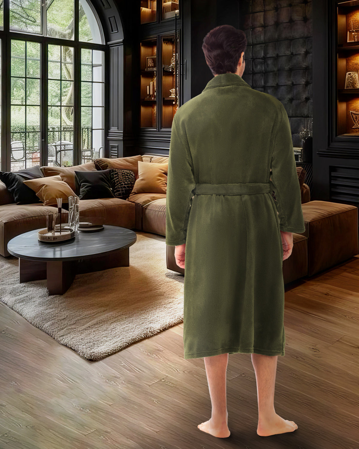 Men's Army Green Classic Winter Robe, Plush Fleece Bathrobe