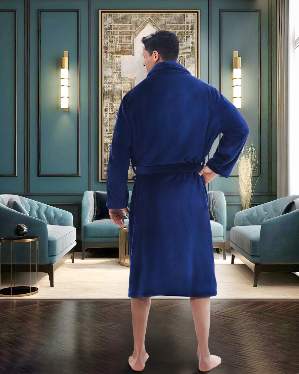 Men's Navy Blue Classic Winter Robe, Plush Fleece Bathrobe