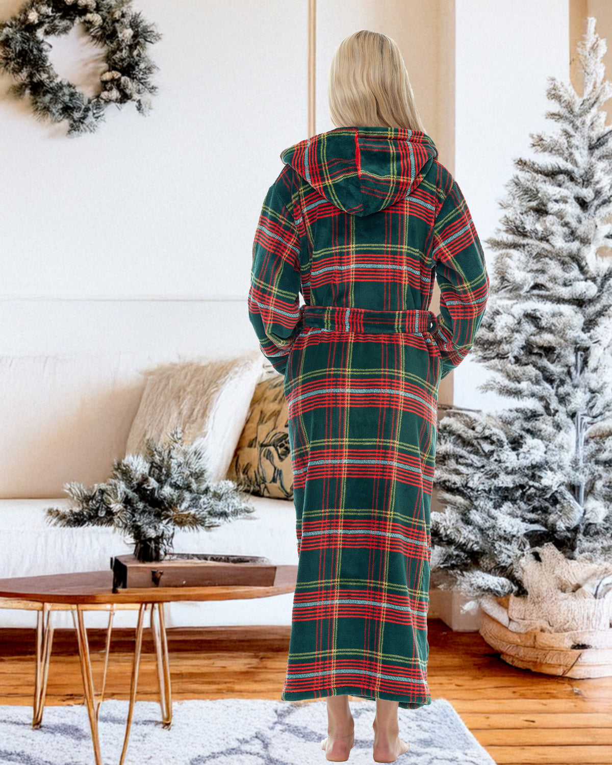 Forest Tartan Plaid Plush Fleece Robe for Women, Long Hooded Bathrobe with Hood, Plus Size
