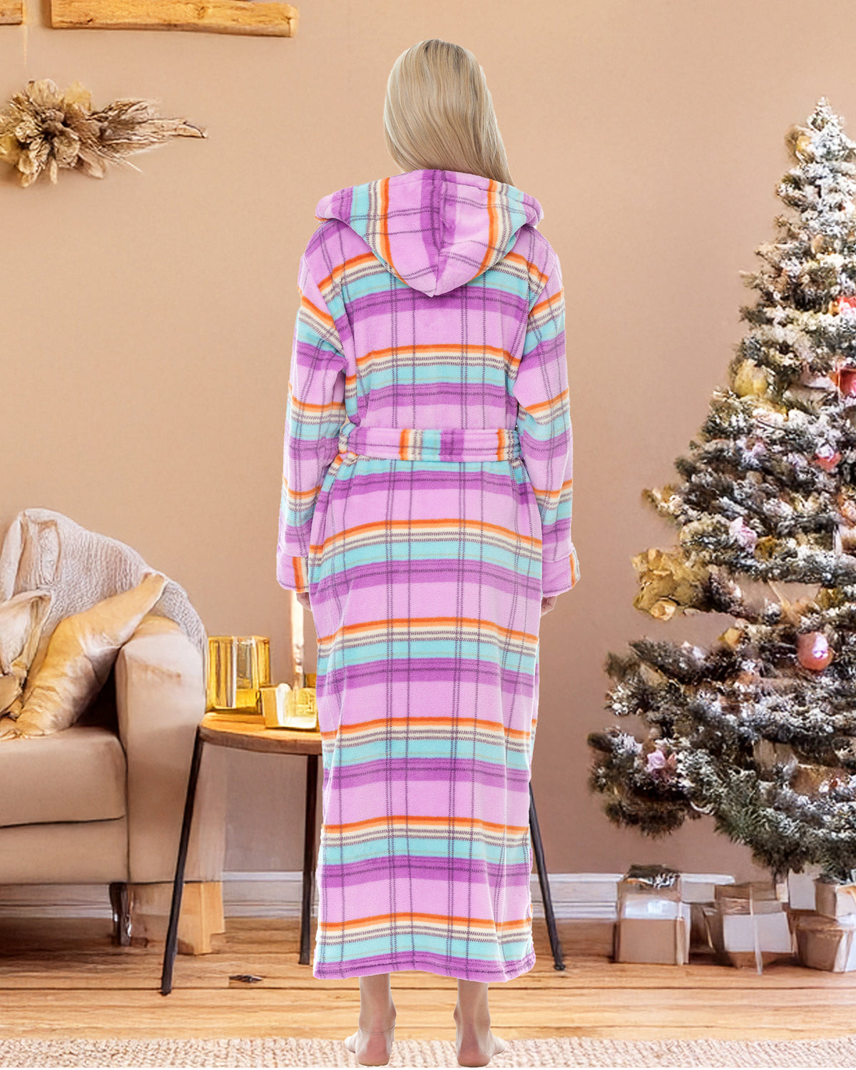 Pastel Plaid Plush Fleece Robe for Women, Long Hooded Bathrobe with Hood, Plus Size