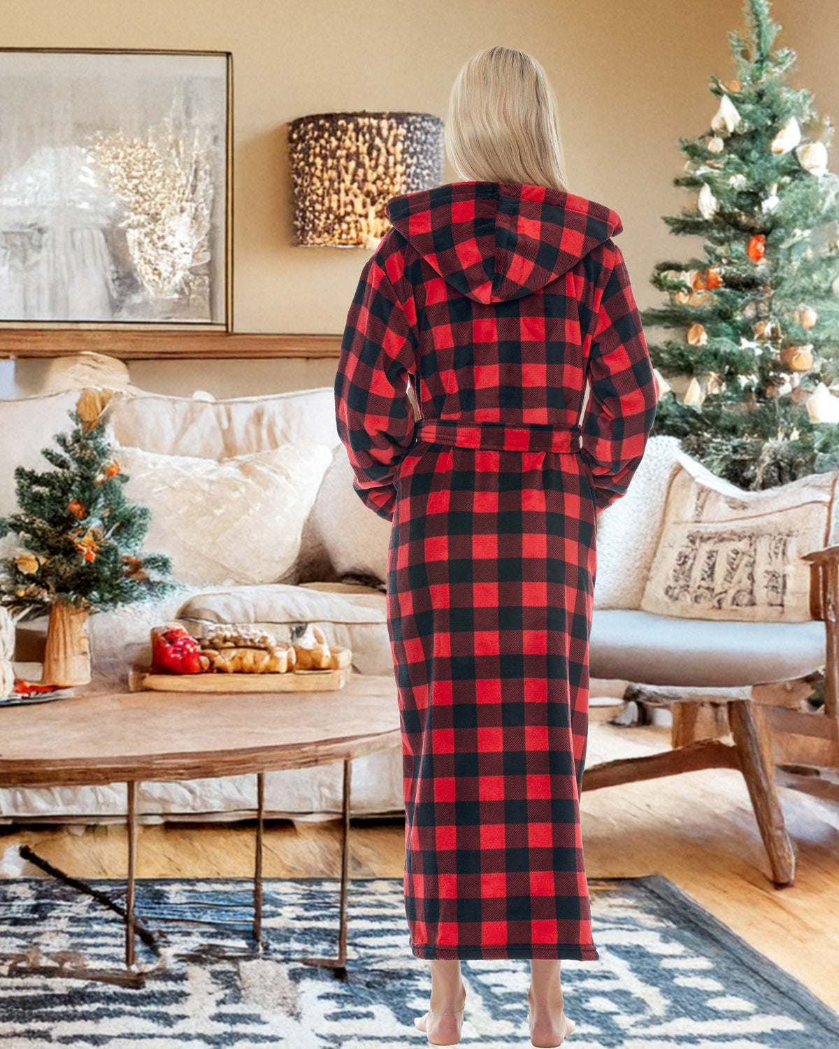 Red Black Buffalo Check Plaid Plush Fleece Robe for Women, Long Hooded Bathrobe with Hood, Plus Size