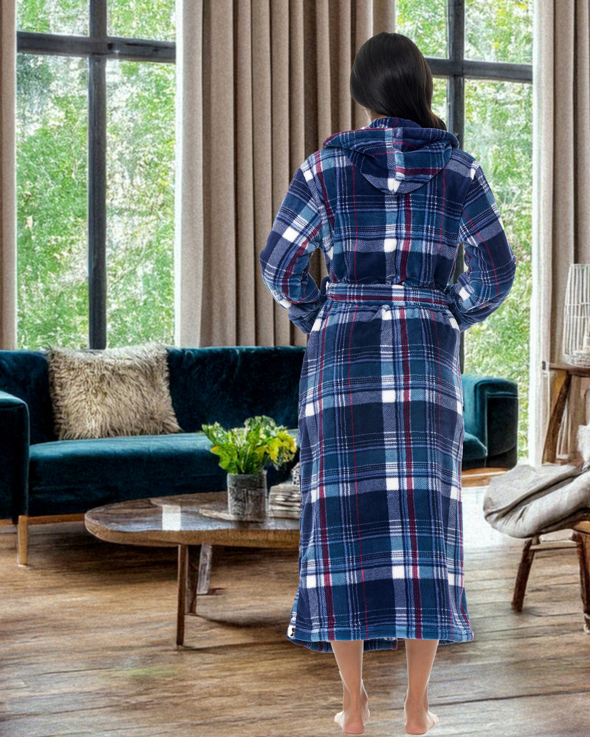 Purple Tartan Plaid Plush Fleece Robe for Women, Long Hooded Bathrobe with Hood, Plus Size