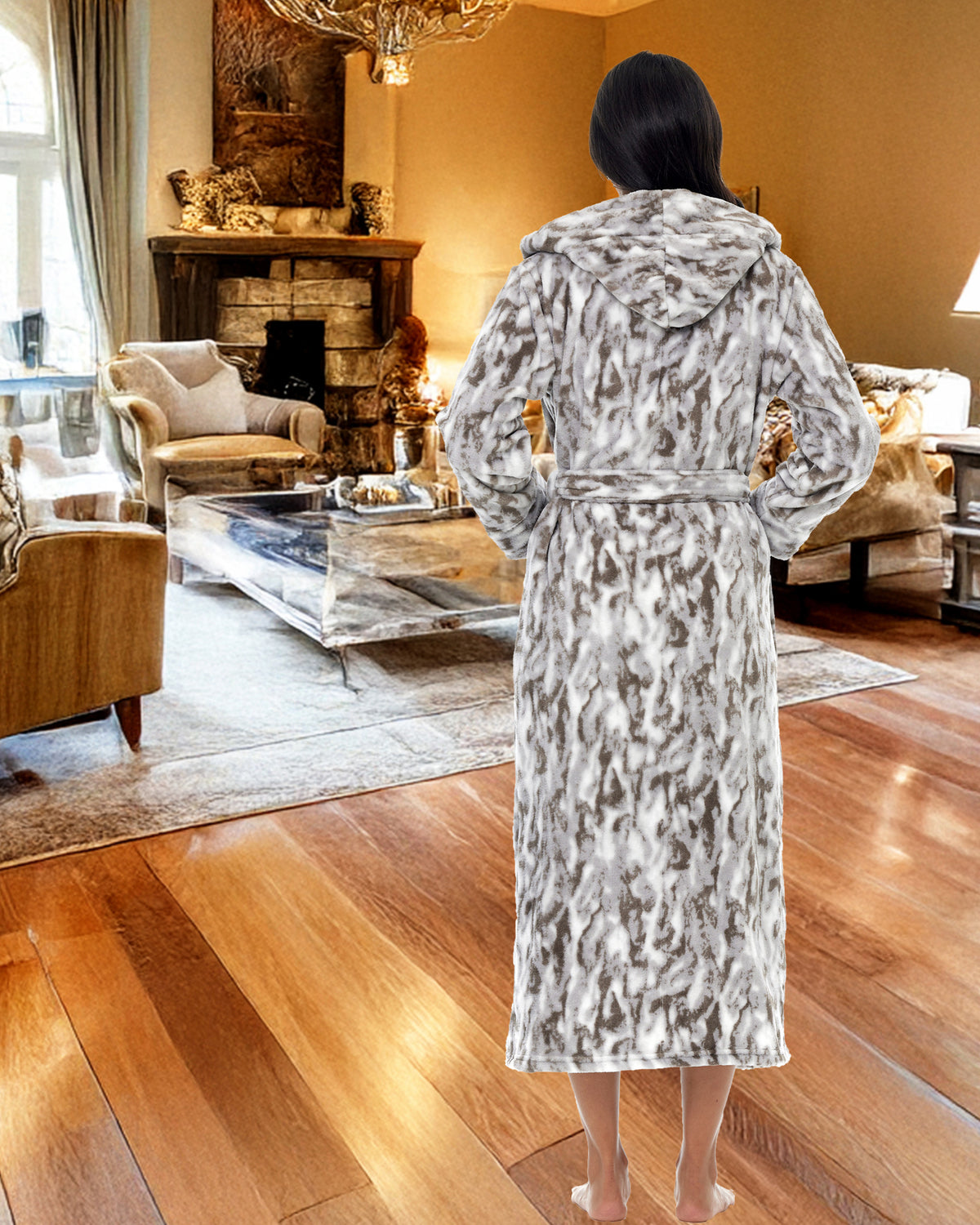 Marbled Mist Plush Fleece Robe for Women, Long Hooded Bathrobe with Hood, Plus Size