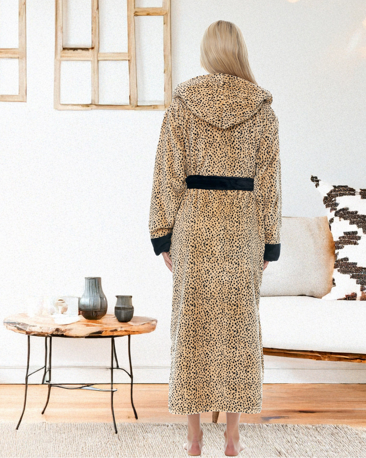 Cheetah Print Plush Fleece Robe for Women, Long Hooded Bathrobe with Hood, Plus Size