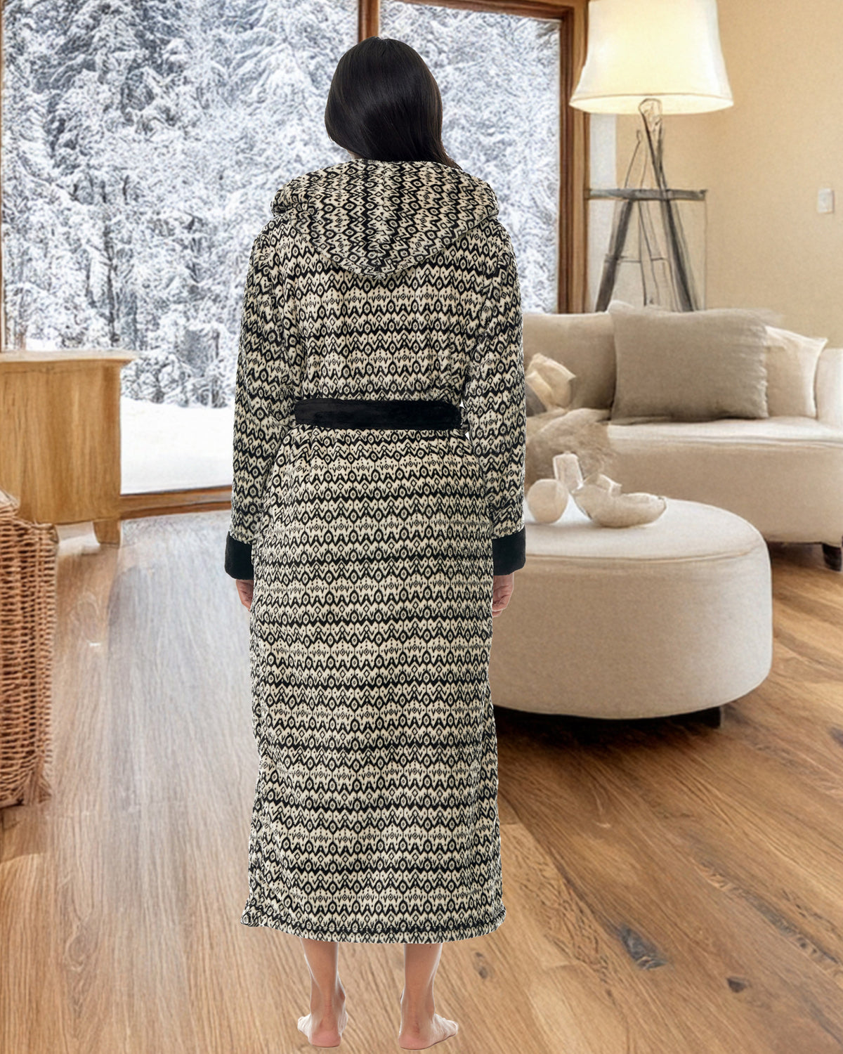 Savanna Rhythm Plush Fleece Robe for Women, Long Hooded Bathrobe with Hood, Plus Size