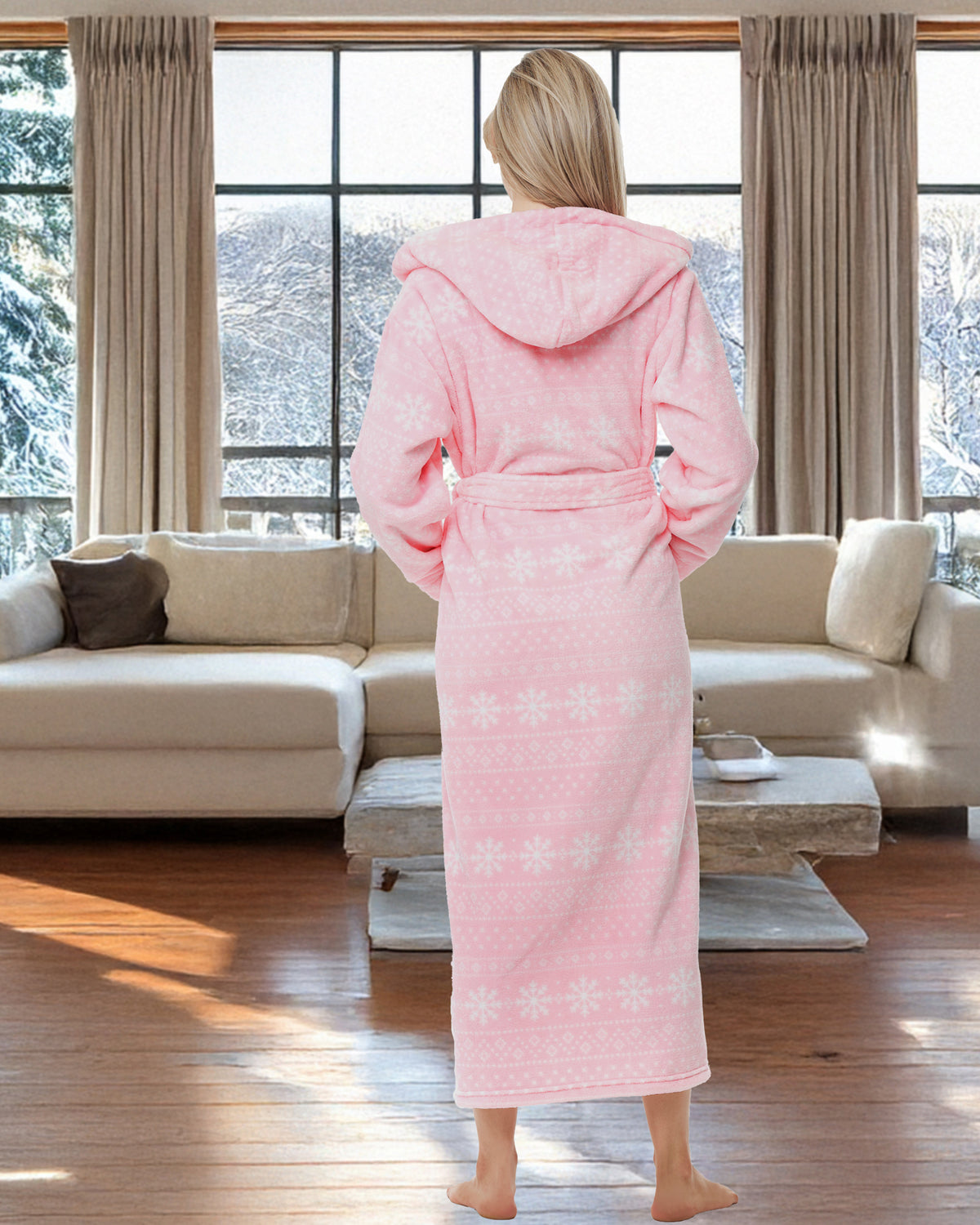 Snowflake Fair Isle Pink Plush Fleece Robe for Women, Long Hooded Bathrobe with Hood, Plus Size