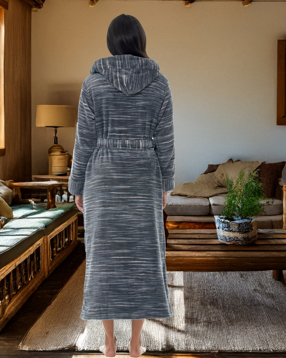 Dark Heathered Gray Plush Fleece Robe for Women, Long Hooded Bathrobe with Hood, Plus Size