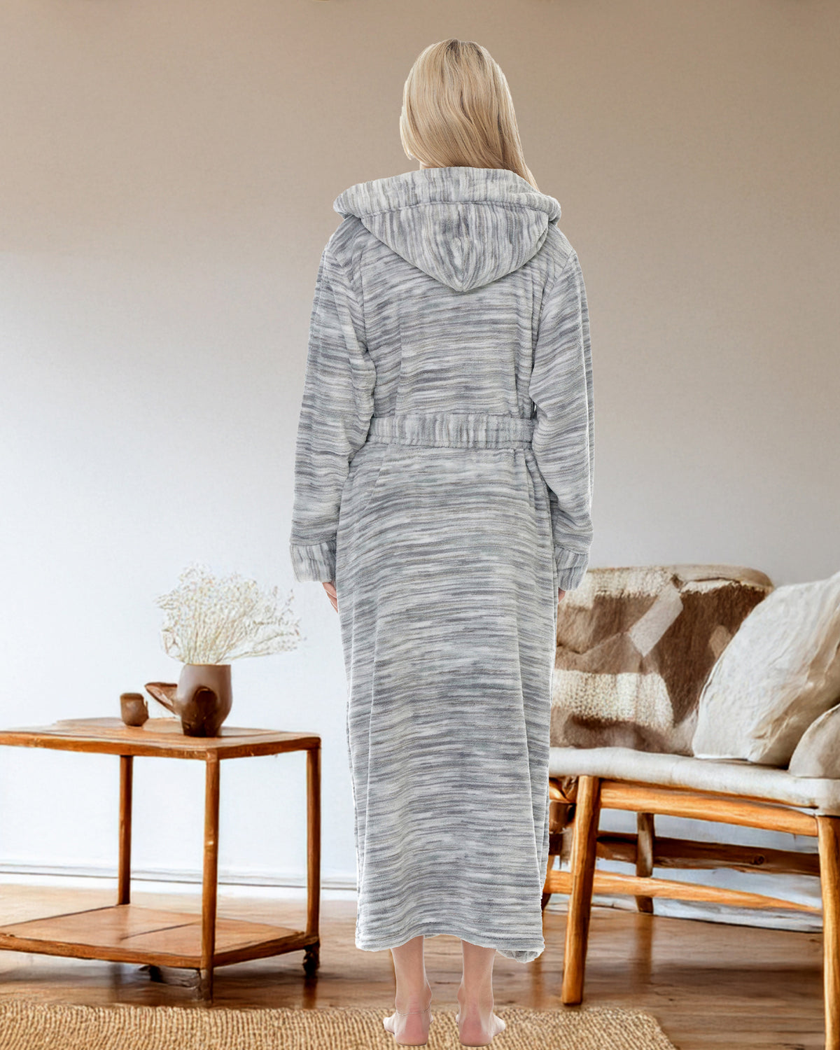Light Heathered Gray Plush Fleece Robe for Women, Long Hooded Bathrobe with Hood, Plus Size