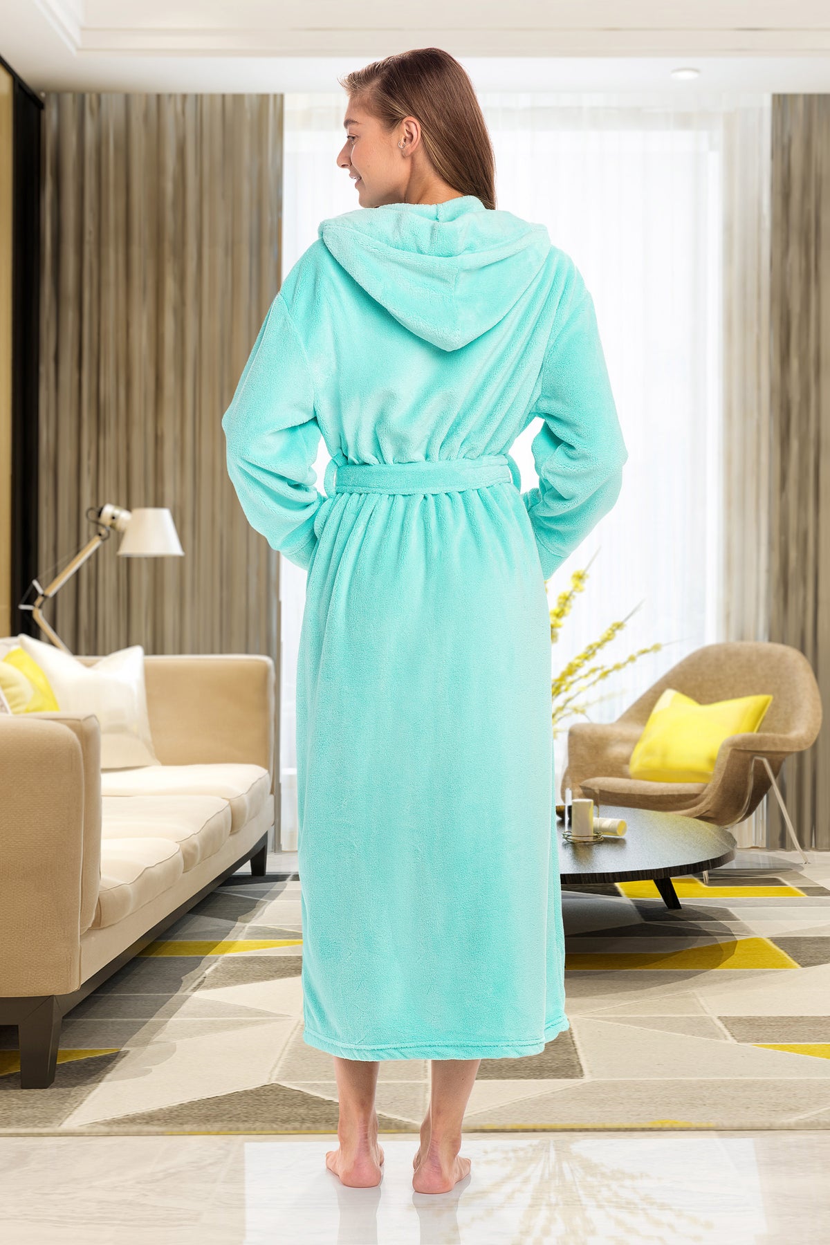 Aruba Blue Plush Fleece Robe for Women, Long Hooded Bathrobe with Hood, Plus Size