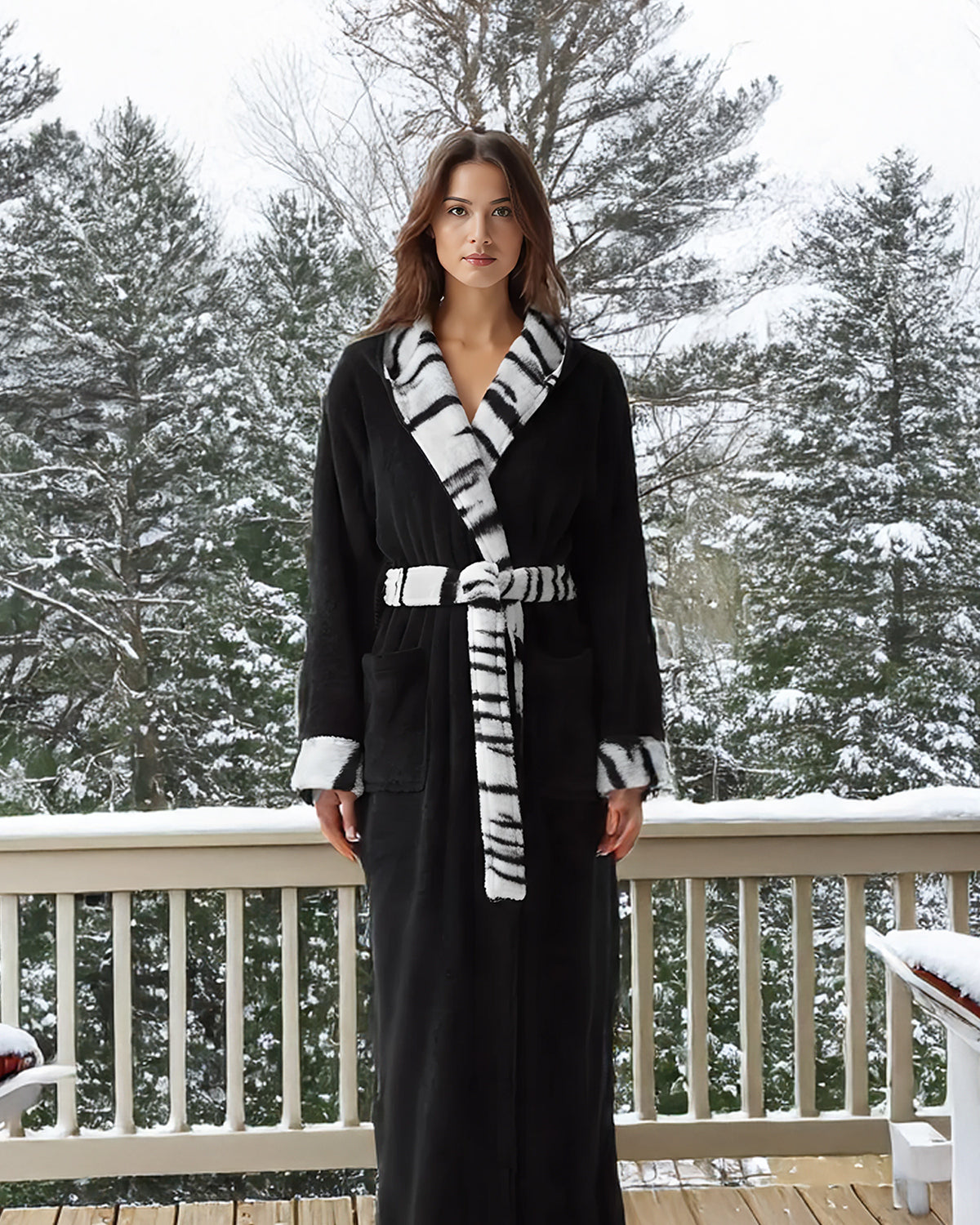White Tiger Accents Plush Fleece Robe for Women, Long Hooded Bathrobe with Hood, Plus Size