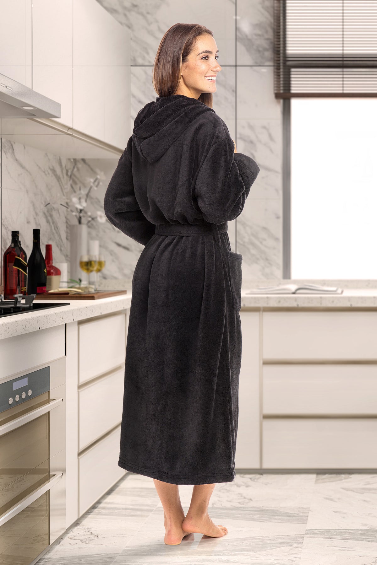 Black Plush Fleece Robe for Women, Long Hooded Bathrobe with Hood, Plus Size