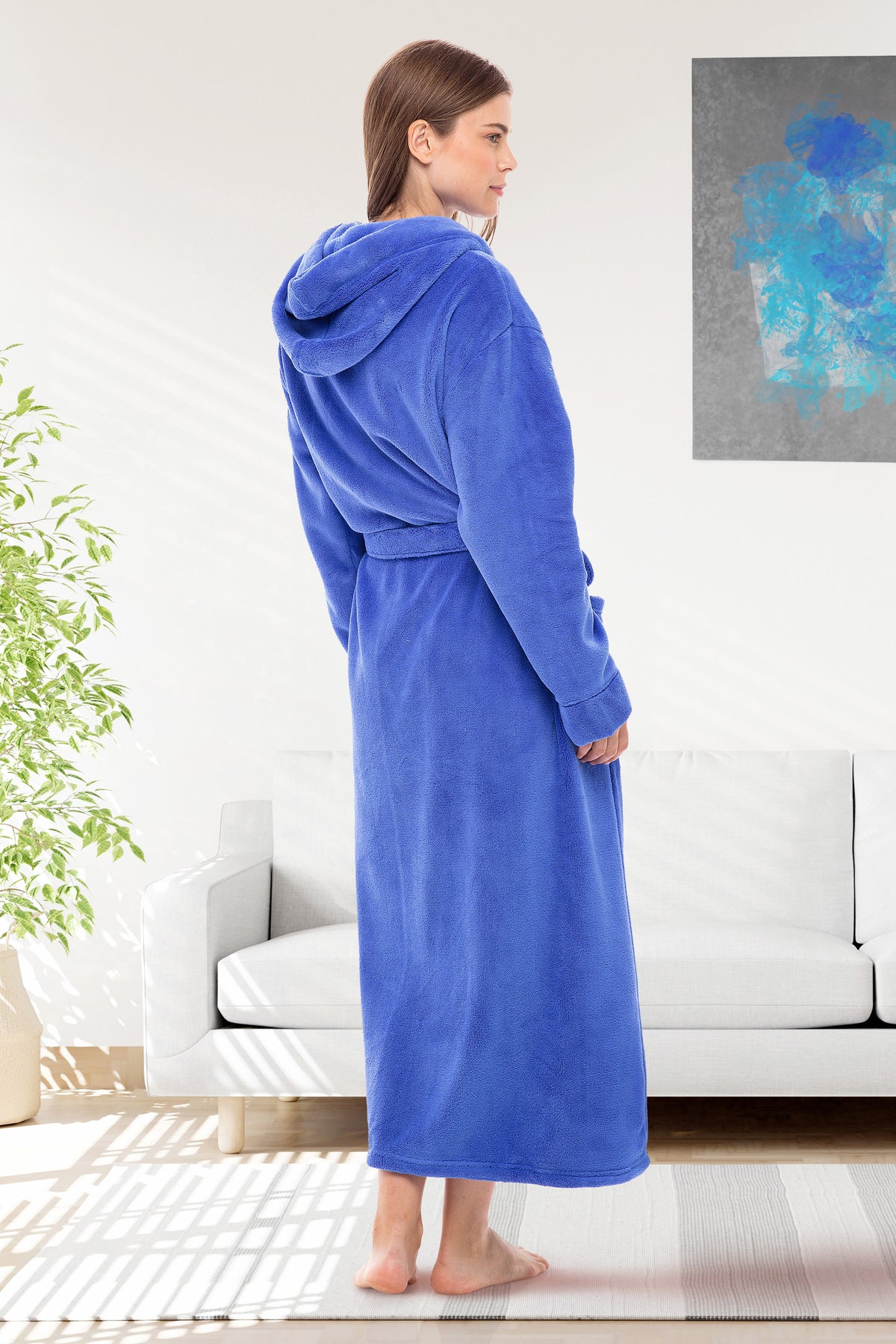 Sky Blue Plush Fleece Robe for Women, Long Hooded Bathrobe with Hood, Plus Size